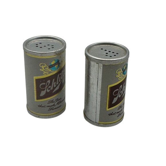 Vintage Schlitz Salt & Pepper Shaker Set Beer Can Design Collectible Metal Tin - Picture 3 of 4